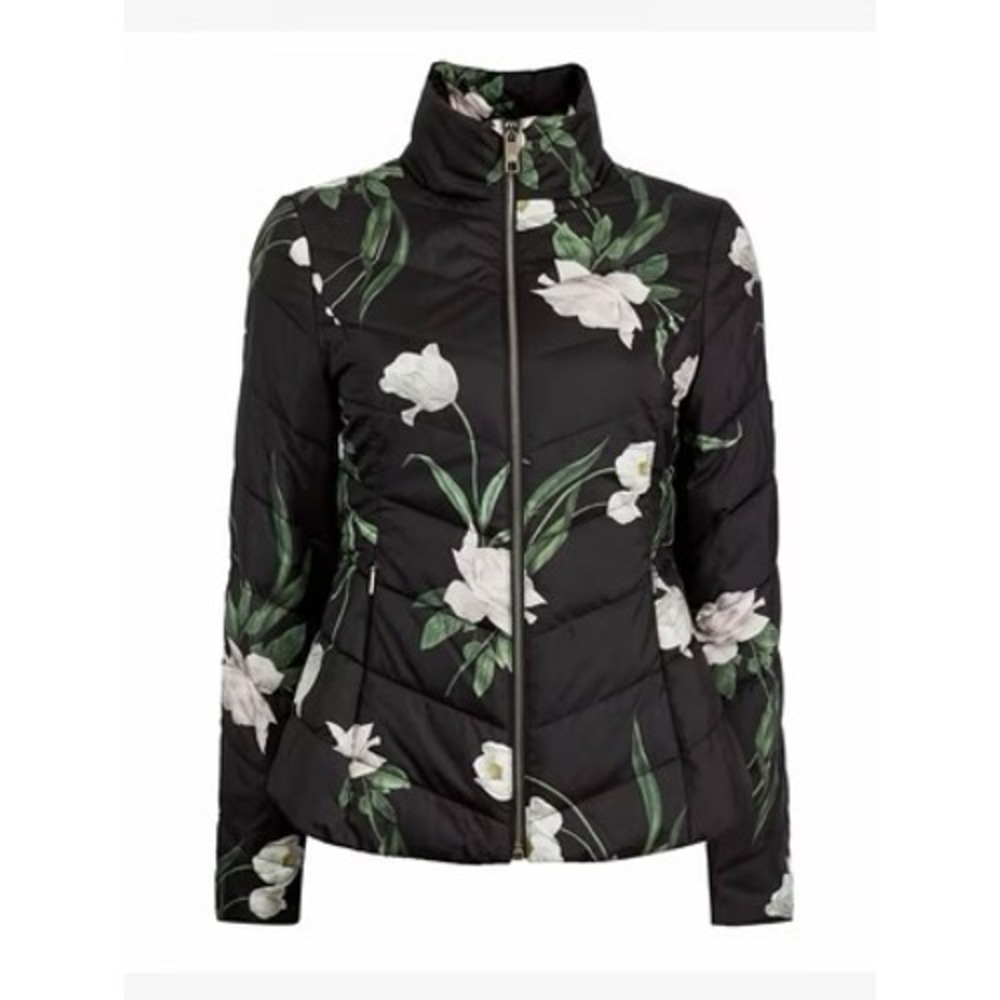 Ted Baker Adaena Elderflower Packaway Padded Jacket Black Floral Puffer XS/S